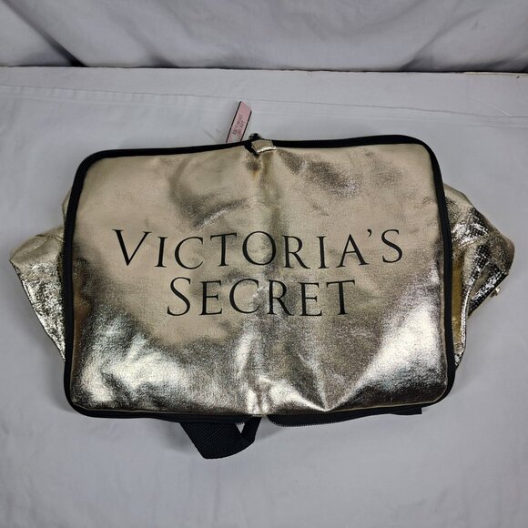 NWT's Victoria's Secret Gold Metallic Compact Weekender Tote Duffle Shopper Bag - Picture 3 of 10
